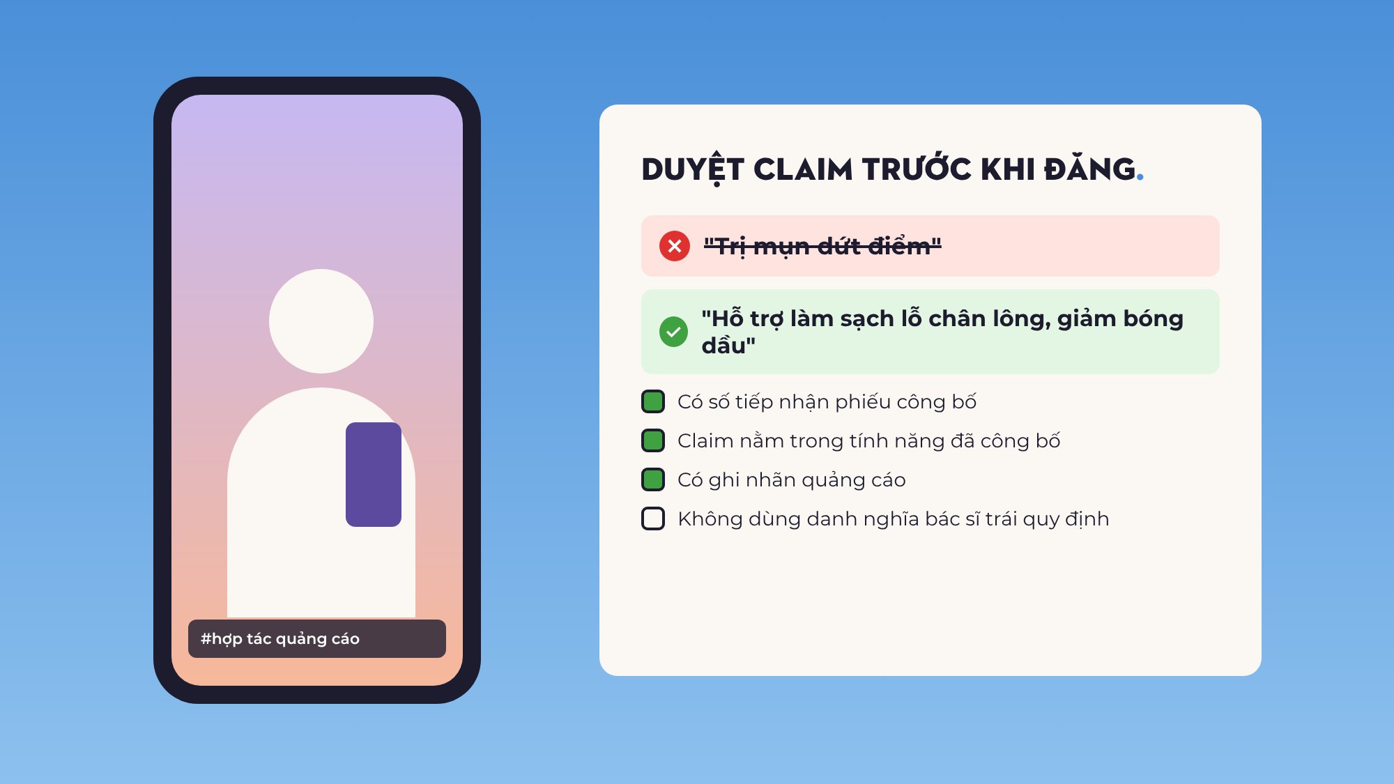 Minh họa phẳng điện thoại phát video KOC có nhãn hợp tác quảng cáo và bảng duyệt claim mỹ phẩm, câu "trị mụn dứt điểm" bị gạch bỏ