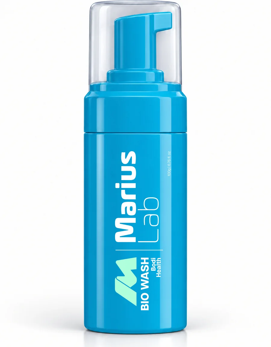 Chai bọt rửa Marius Lab Bio Wash, phương án xanh cyan, logo chữ M màu mint