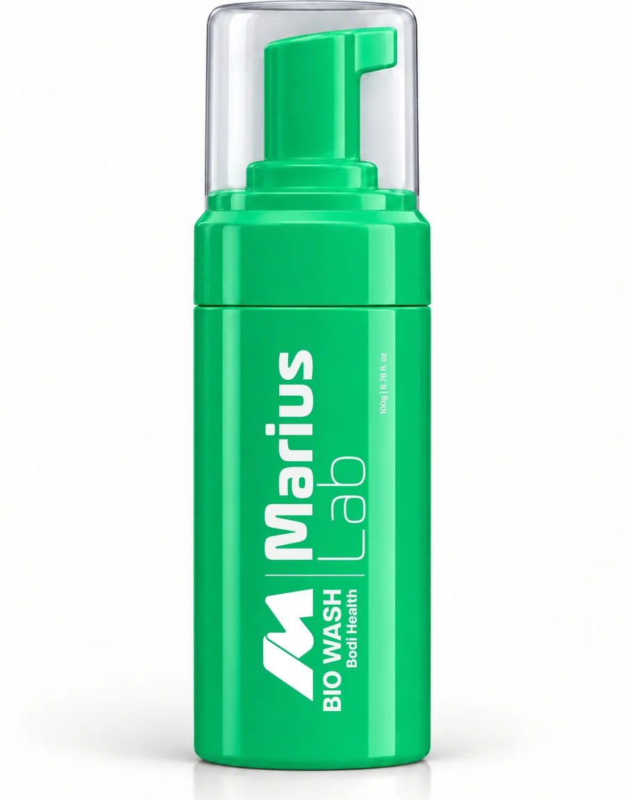 Chai bọt rửa Marius Lab Bio Wash, phương án xanh bạc hà, chữ và logo trắng
