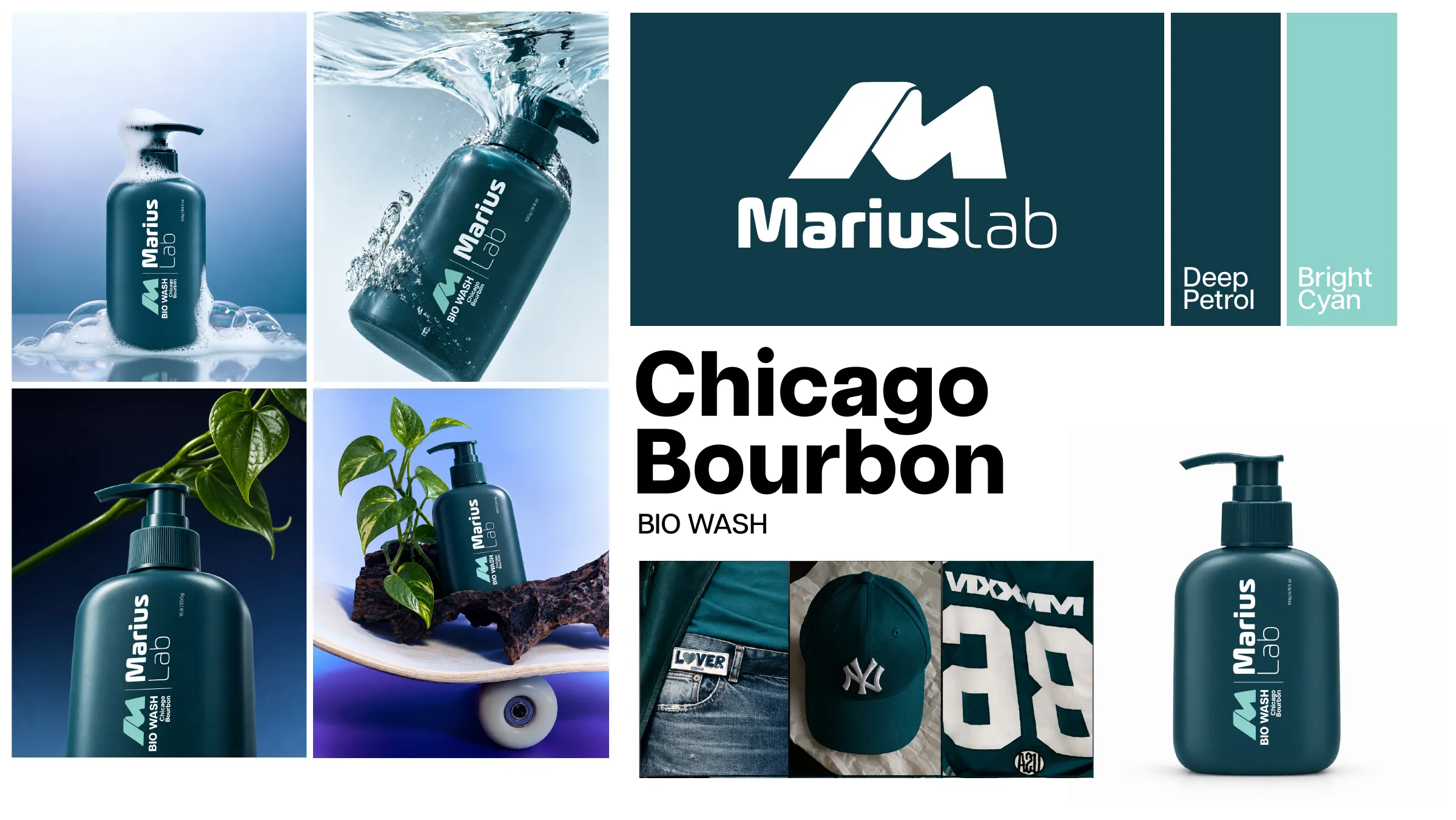 Styleframe Marius Lab Chicago Bourbon Bio Wash: chai xanh petrol trong bọt nước, cạnh cây xanh, trên ván trượt, bảng màu Deep Petrol và Bright Cyan