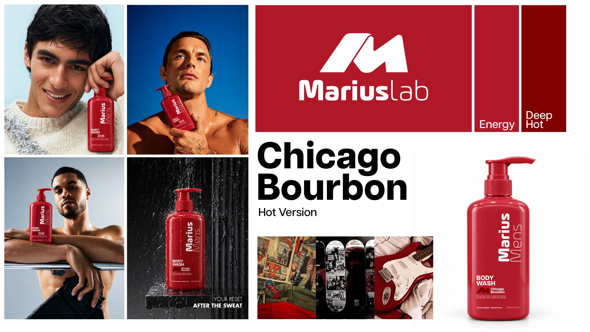 Styleframe Marius Mens Chicago Bourbon bản Hot: chai sữa tắm đỏ, ảnh nam giới năng động, bảng màu Energy và Deep Hot