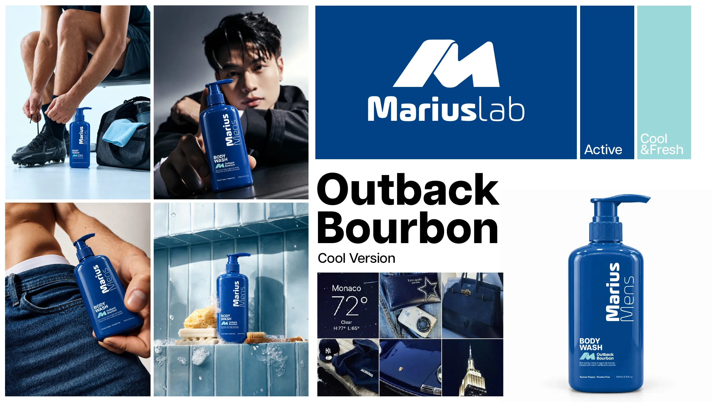 Styleframe Marius Mens Outback Bourbon bản Cool: chai sữa tắm xanh dương trong phòng thay đồ, phòng tắm gạch xanh, bảng màu Active và Cool & Fresh