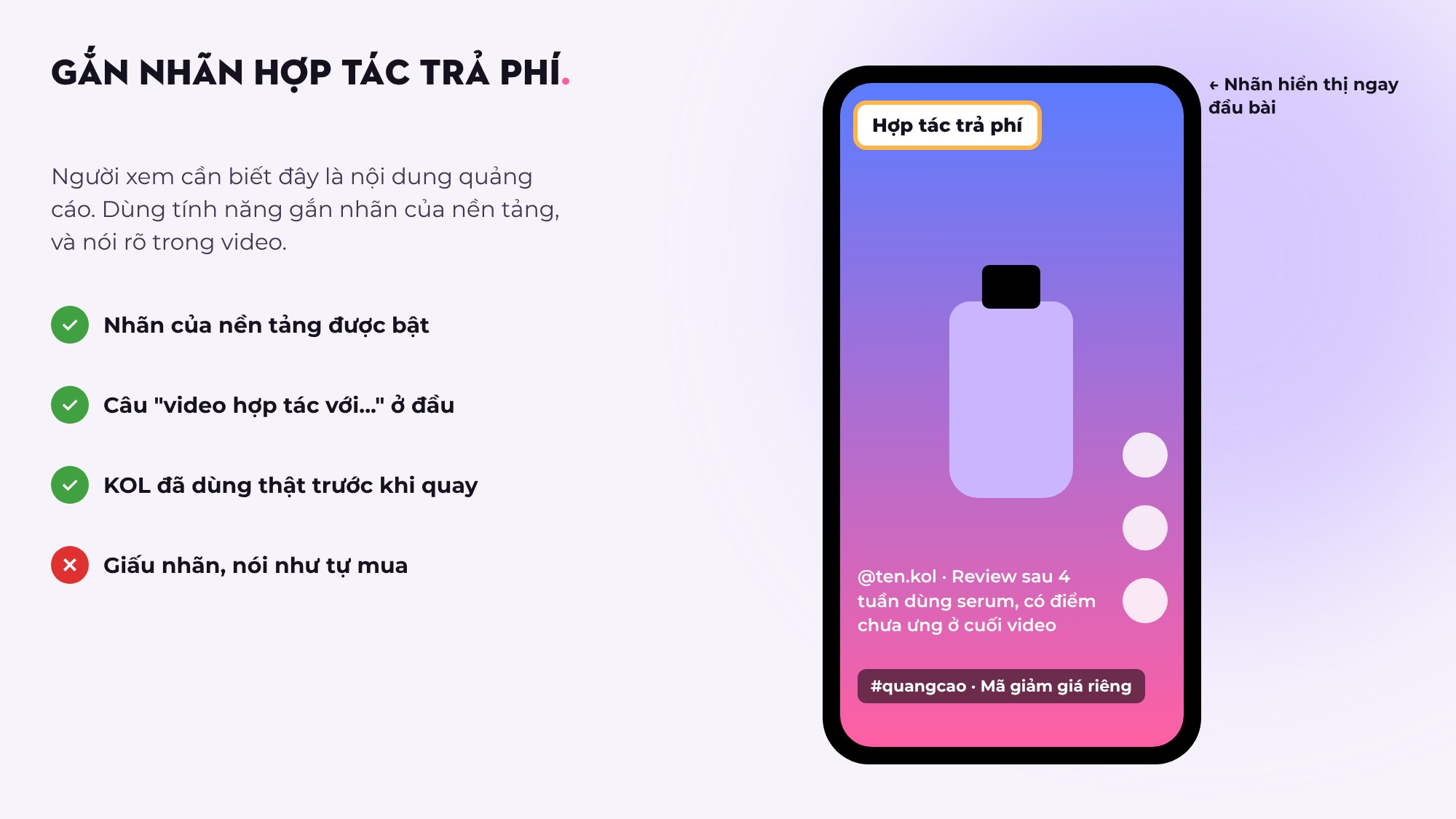 Minh họa bài đăng review mỹ phẩm trên điện thoại có nhãn hợp tác trả phí ở đầu bài, kèm danh sách nên và không nên khi gắn nhãn